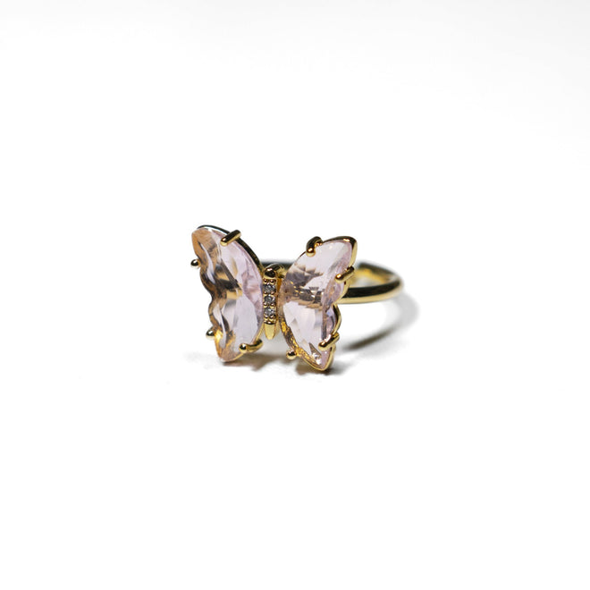 Rose Glass Butterfly Ring With Plated Gold and Cubic Zirconia