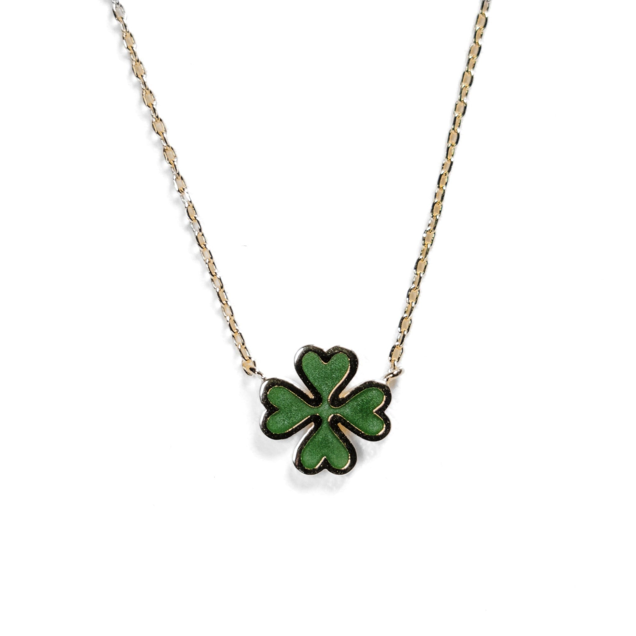 14k Gold Shamrock Necklace Inlaid With Green Enamel