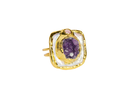 Royal Amethyst Statement Ring with Rose Quartz