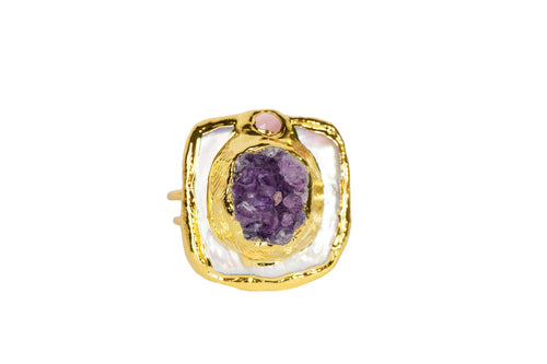 Royal Amethyst Statement Ring with Rose Quartz