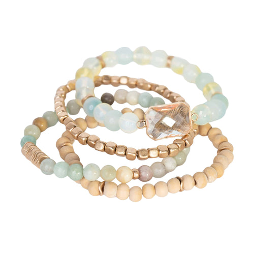 Natural Stone and Wood Bracelet Set - Blue Agate