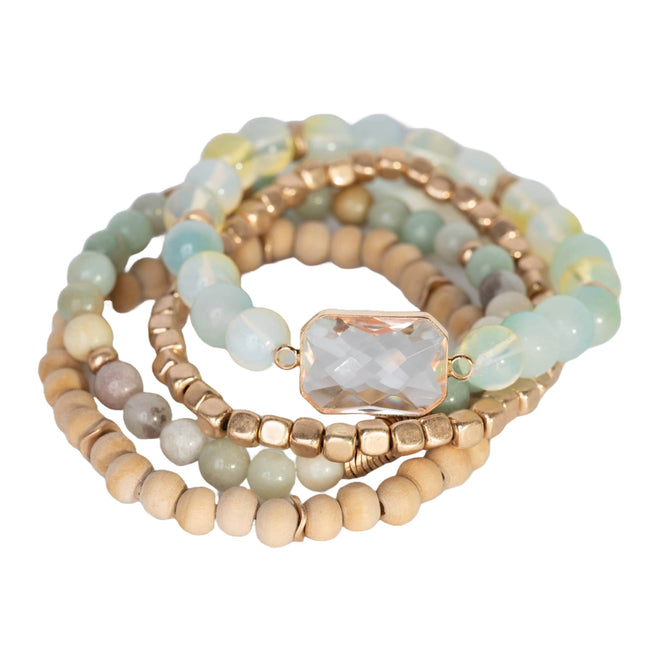 Natural Stone and Wood Bracelet Set - Blue Agate