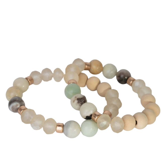 Natural Stone Bracelets Set - Agate and Wood