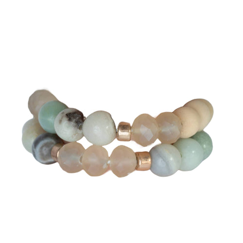 Natural Stone Bracelets Set - Agate and Wood