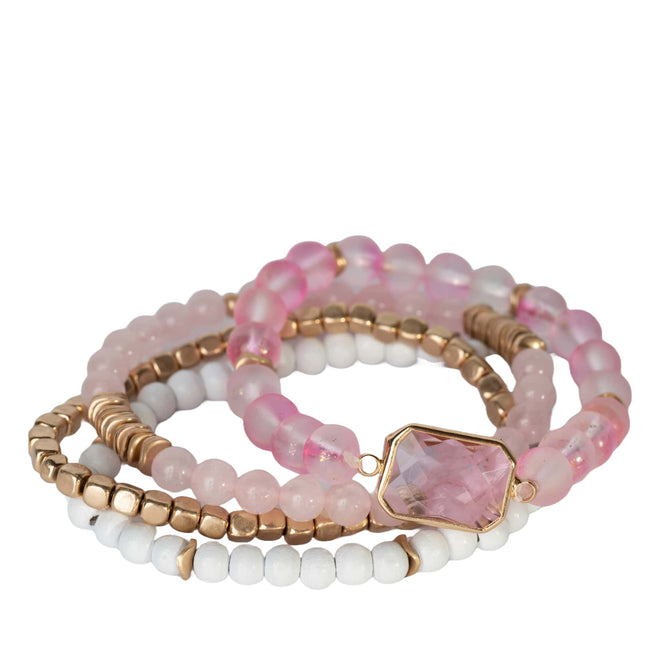Natural Stone Bracelets Set - Pink Quartz, Wood
